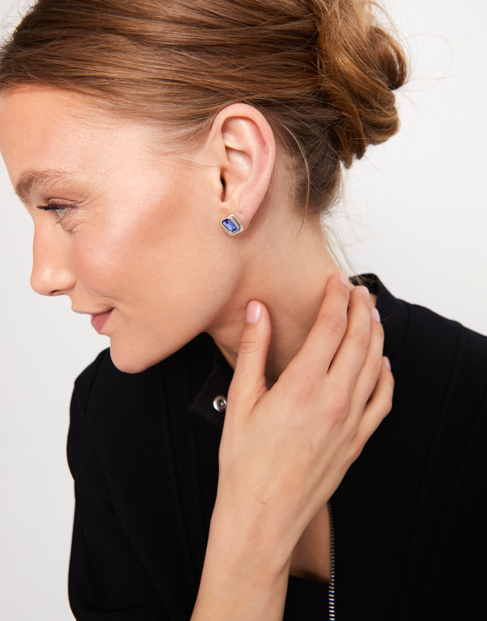 Stud earrings with blue crystal, Silver, large thumbnail